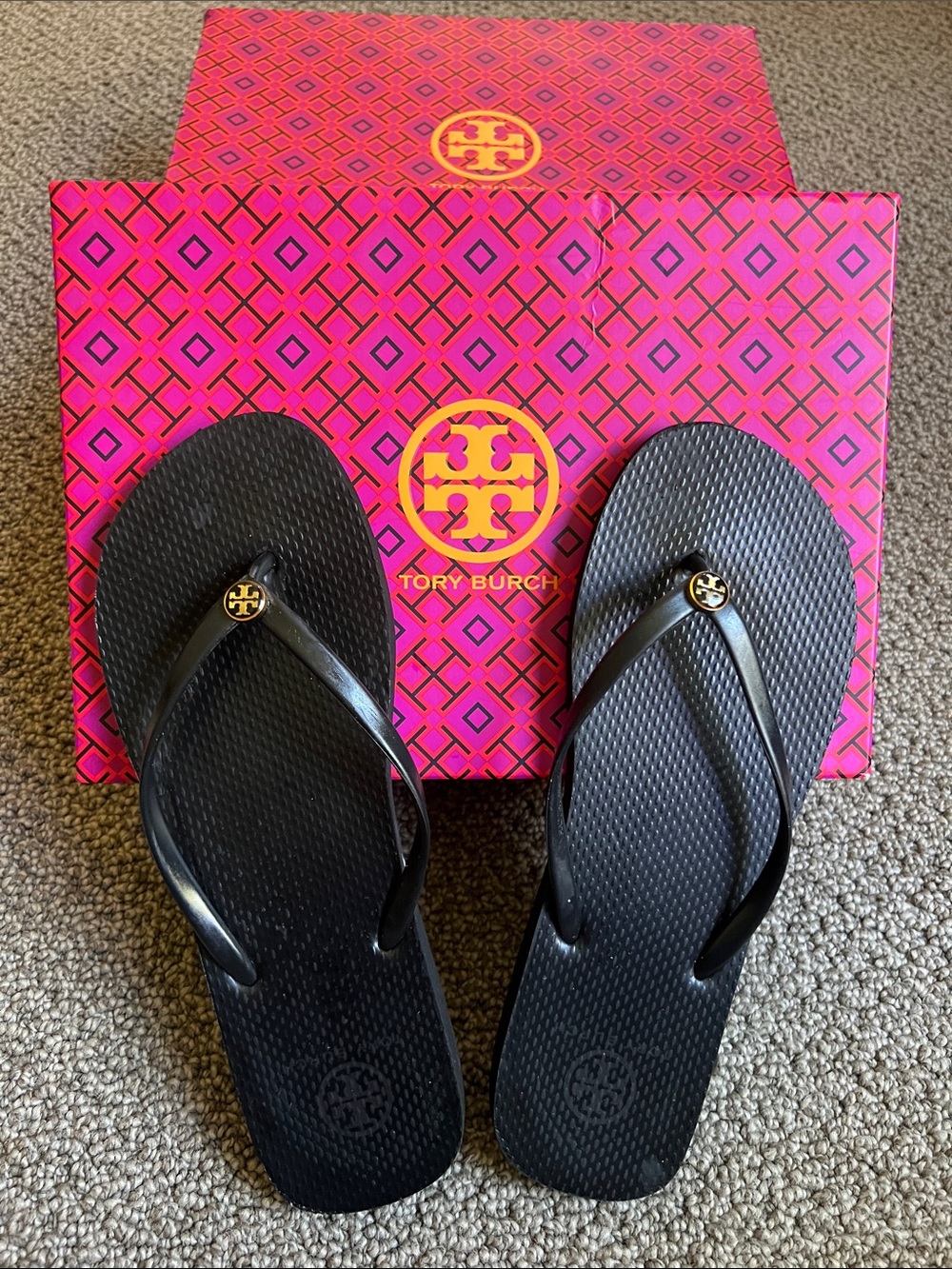 Tory Burch Black Flip Flop Sandals with Gold Logo